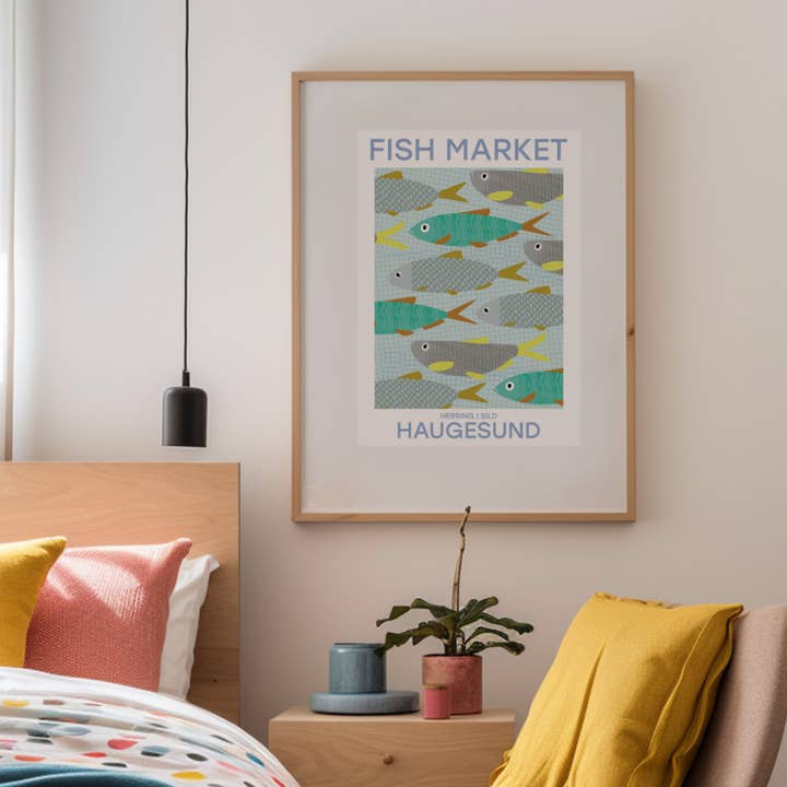 Marché aux poissons de Haugesund - Affiche de voyage en Norvège pour la vente par Kelley Studios