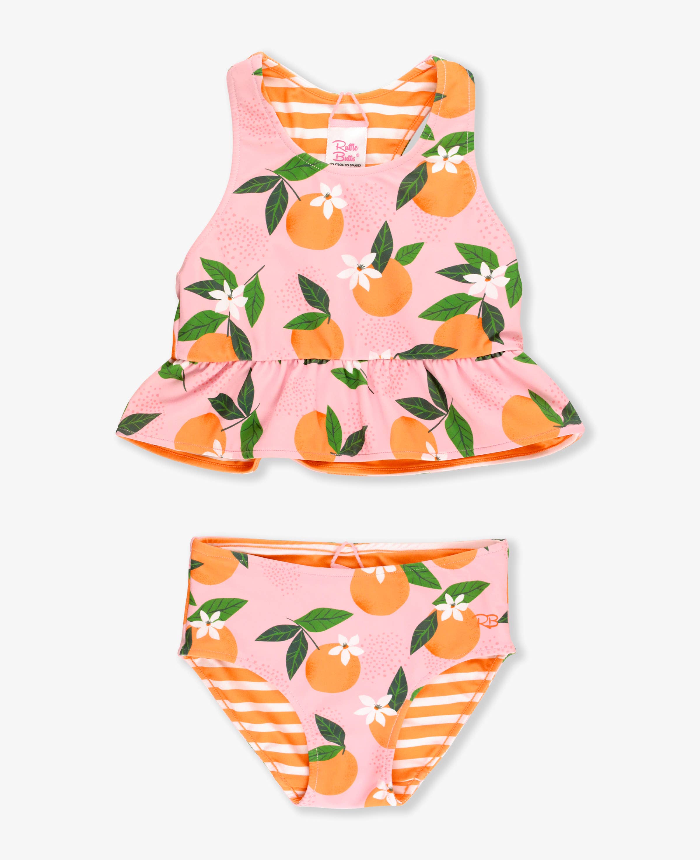 Rosa Conjunto de bañador de dos piezas con peplum reversible "Orange You The Sweetest" para niñas. de venta al por mayor en Faire15
