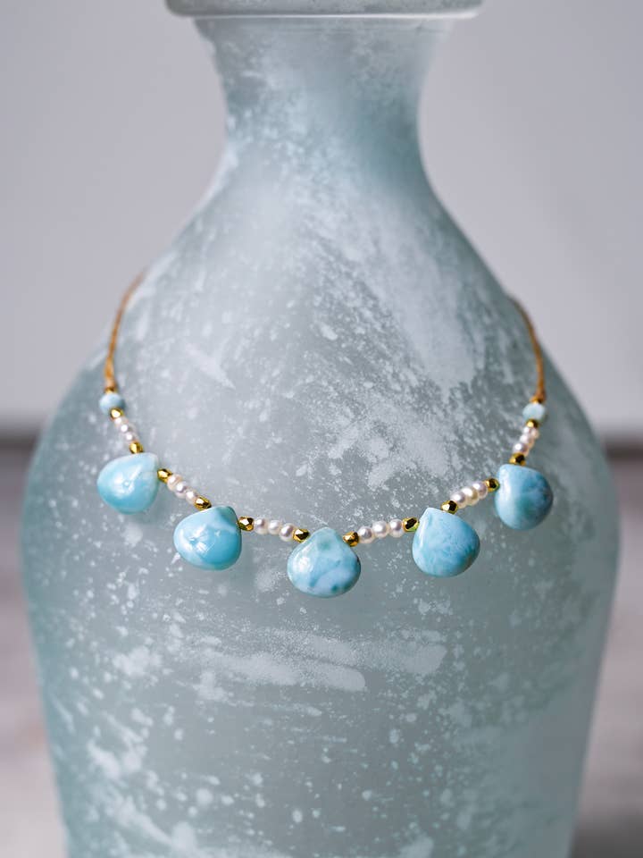 Larimar and Freshwater Pearl Necklace for Women for wholesale by Jasmine Sol Jewelry