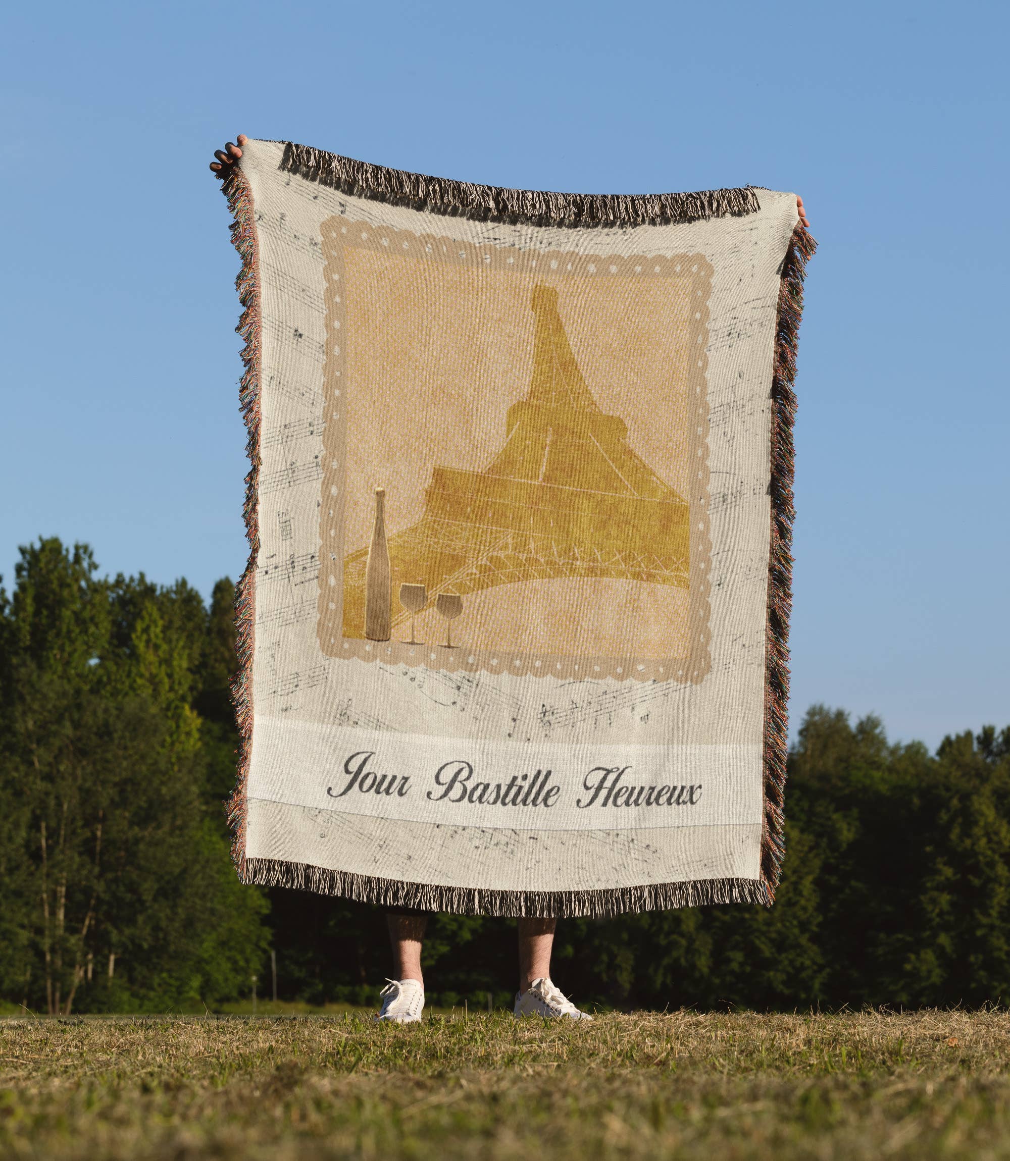 3dRose - Wholesale Throw Blanket - 3dRose, Eiffel Towel, Wine Bottle on Music Notes, Jour Bastille Heureux, Happy Bastille Day in French, Blanket1