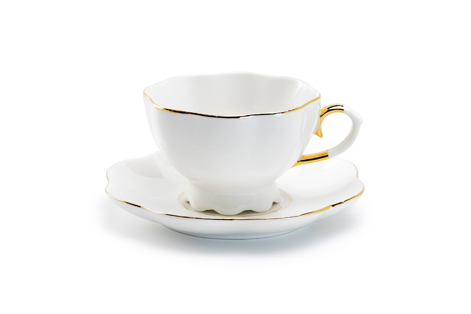 Grace Teaware - Wholesale Coffee/Tea Cup - White Gold Scallop 7.5oz Fine Porcelain Tea Cup and Saucer2