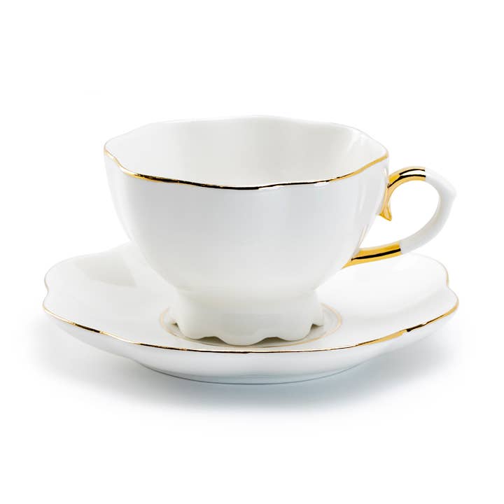 Grace Teaware - Wholesale Coffee/Tea Cup - White Gold Scallop 7.5oz Fine Porcelain Tea Cup and Saucer2