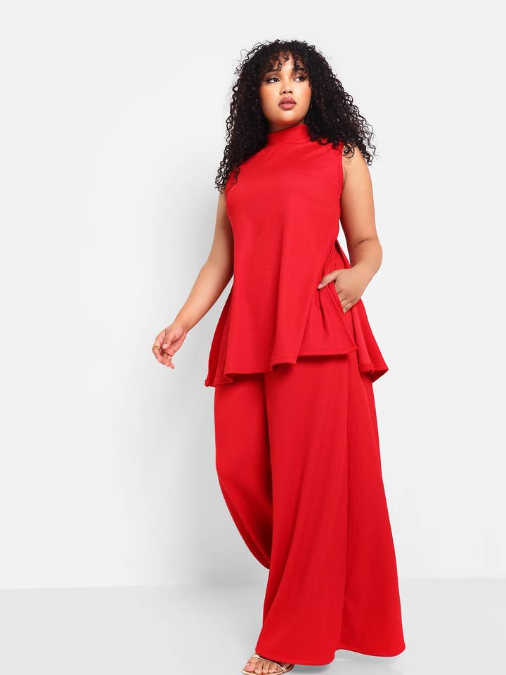 Rouge Pantalon côtelé à jambes larges Shayla avec poches en vente sur Faire0