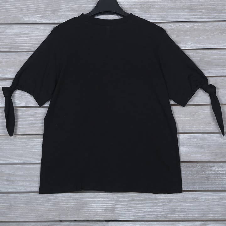 Black Boat Neck Tied Sleeve T-Shirt for wholesale by Mad Style