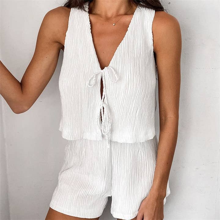 WHITE Bubble Texture Sleeveless Tie Waist Vest Hotpants Set for wholesale on Faire1