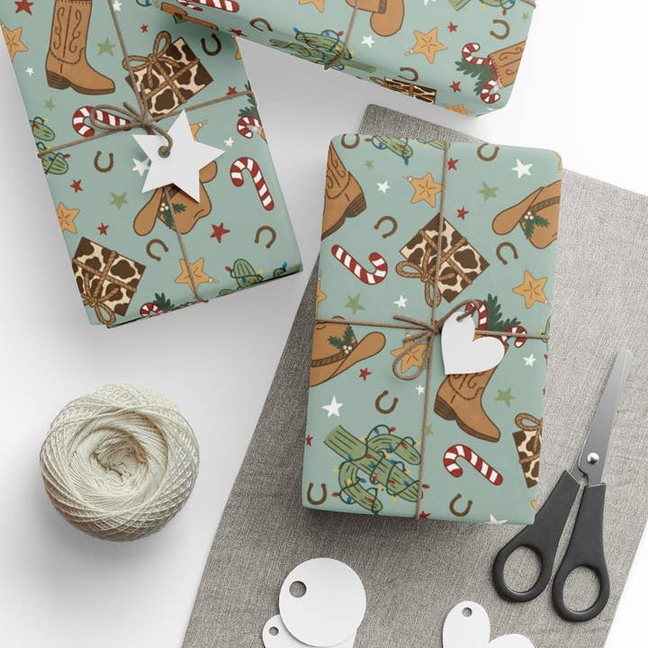Howdy Holidays Cowboy Chic Holiday Gift Wrap 30" x 72" for wholesale by Grassy Creek Designs