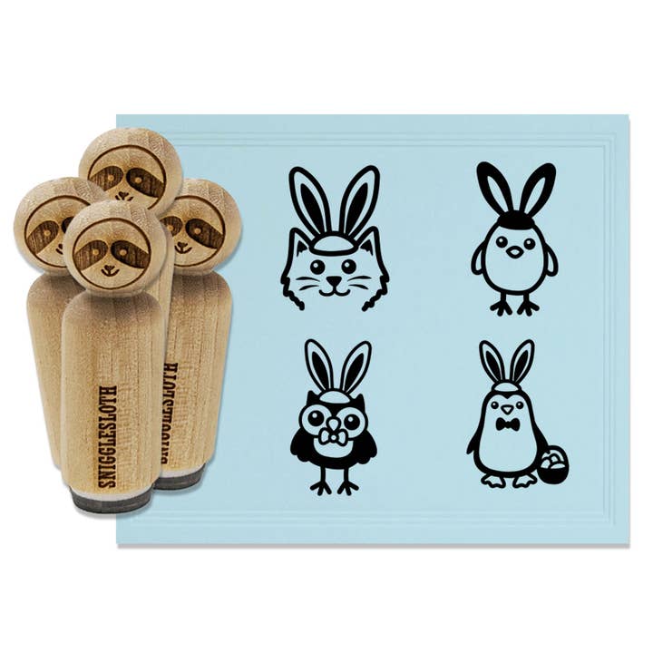 Ensemble de tampons en caoutchouc de Pâques avec oreilles de lapin, chat, pingouin, hibou, poussin, pour tamponner, bricoler, planificateurs pour la vente par Sniggle Sloth