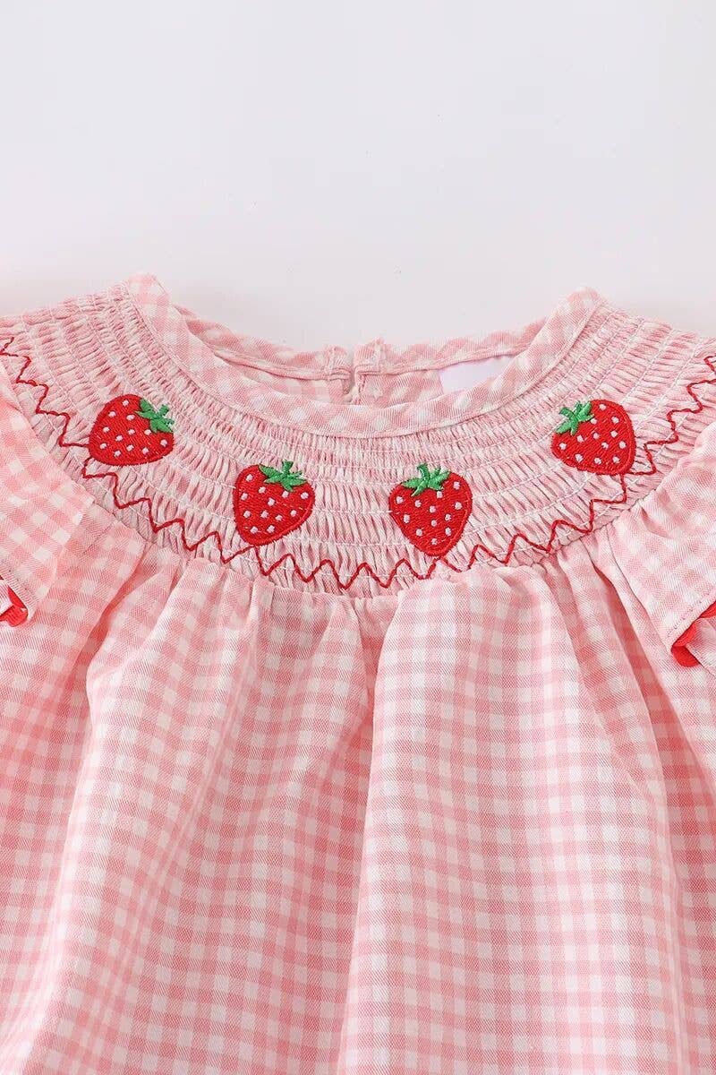 Little Trendy - Wholesale Jumpsuit - Baby - Baby pink check smocked strawberry bubble romper jumpsuit1