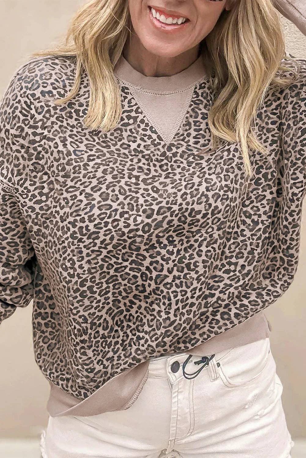 Lovesoft - Wholesale Sweatshirt - Women's - Pink Leopard Print Patchwork Crew Neck Sweatshirt2