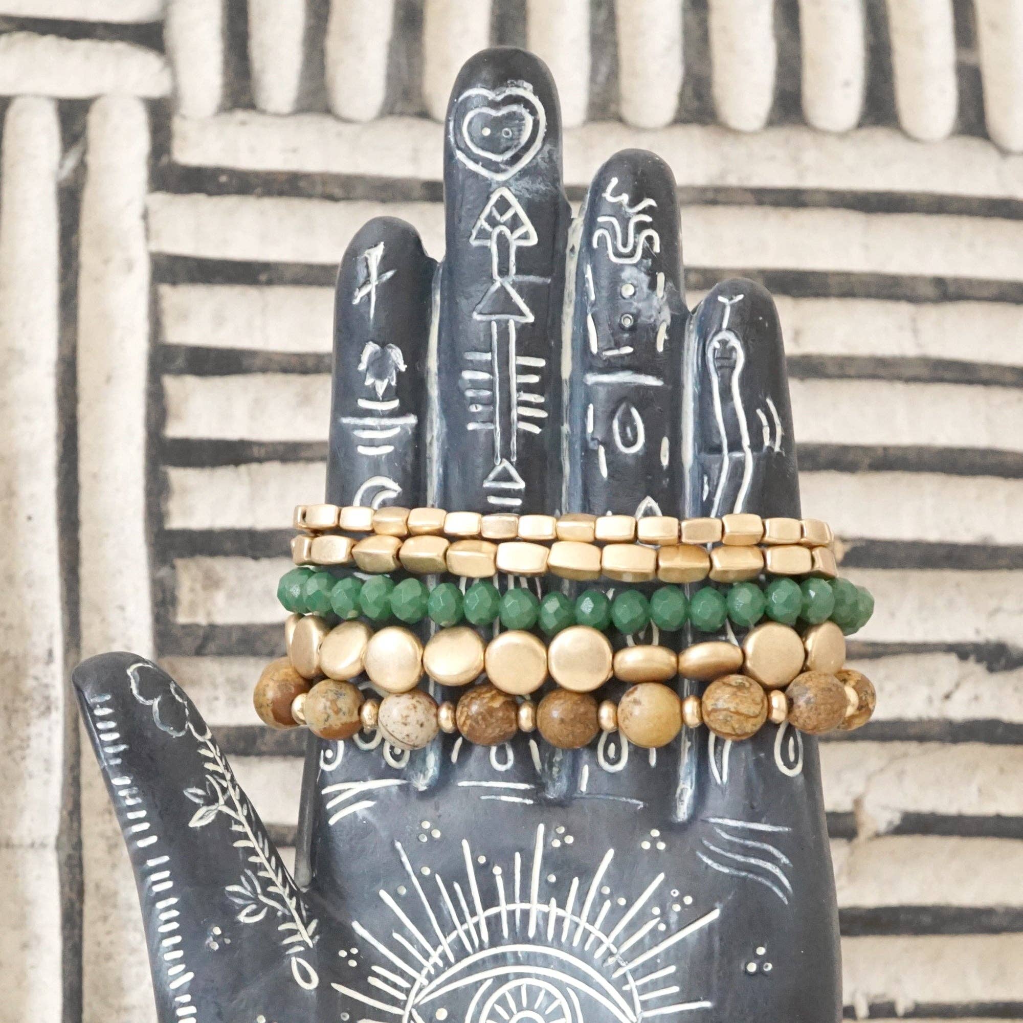PennyLine inc - Wholesale Beaded Bracelet - 5 piece Boho Bracelet Stack Green Brown and worn gold tone3