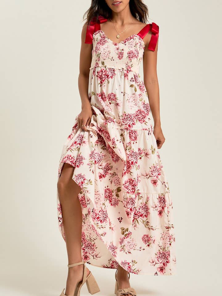 French Floral Print Lace-Up Cake Maxi Dress for wholesale by Rosa Clothing