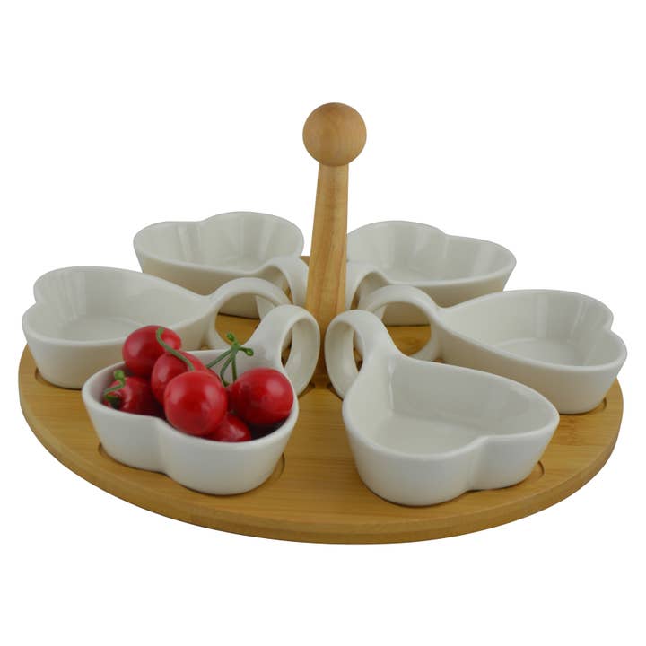 Three Star IM/EX Inc. - Wholesale Serve Bowl - Ceramic Heart-Shaped Bowl Set with Bamboo Lazy Susan Base