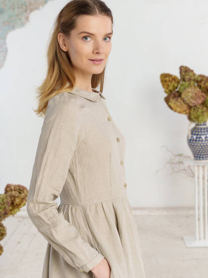 Night Garden Classic – Midi Linen Dress with Peter Pan Collar for wholesale on Faire39