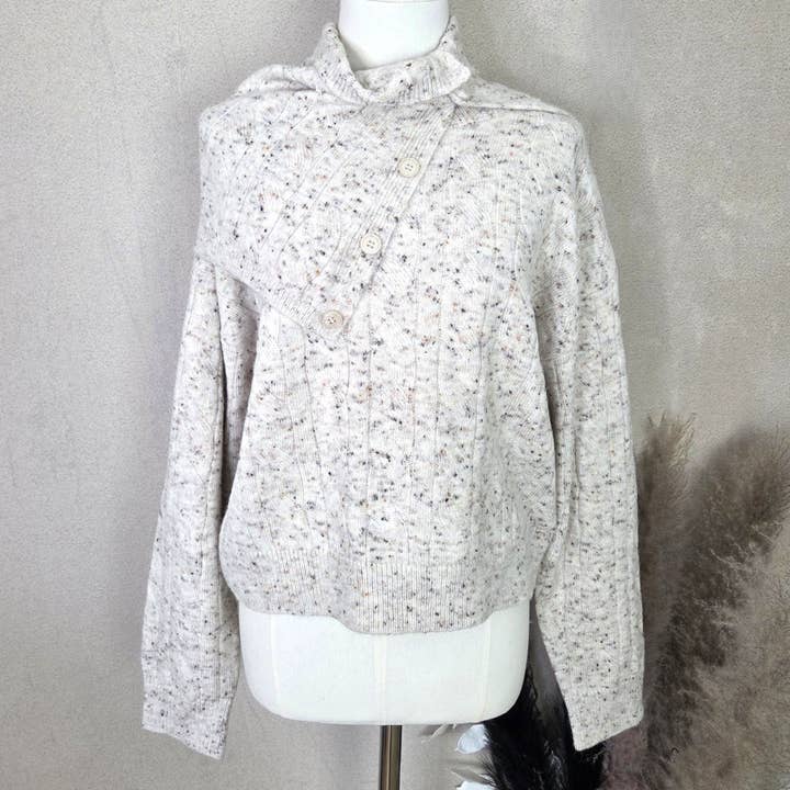 Fleck cable knit jumper with separate snood style element for wholesale by Tempest Designs