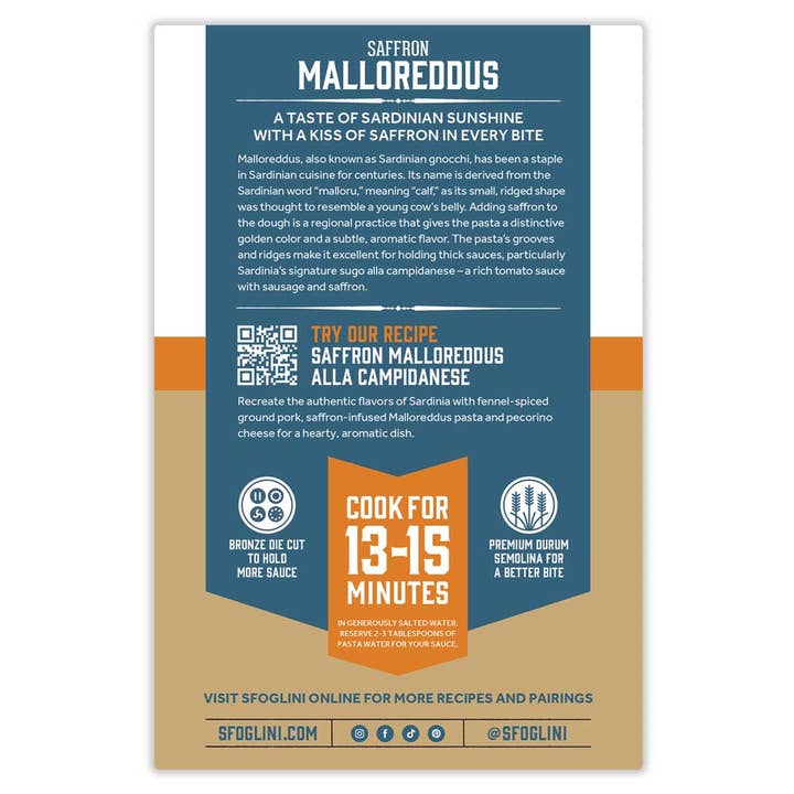 Sfoglini - Wholesale Pasta - Saffron Malloreddus, Organic Specialty Pasta
