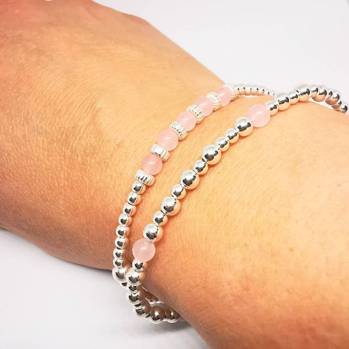 Conjunto Duo de Pulseira de Quartzo Rosa Prata de 1ª Lei por atacado de Sophellie Jewellery