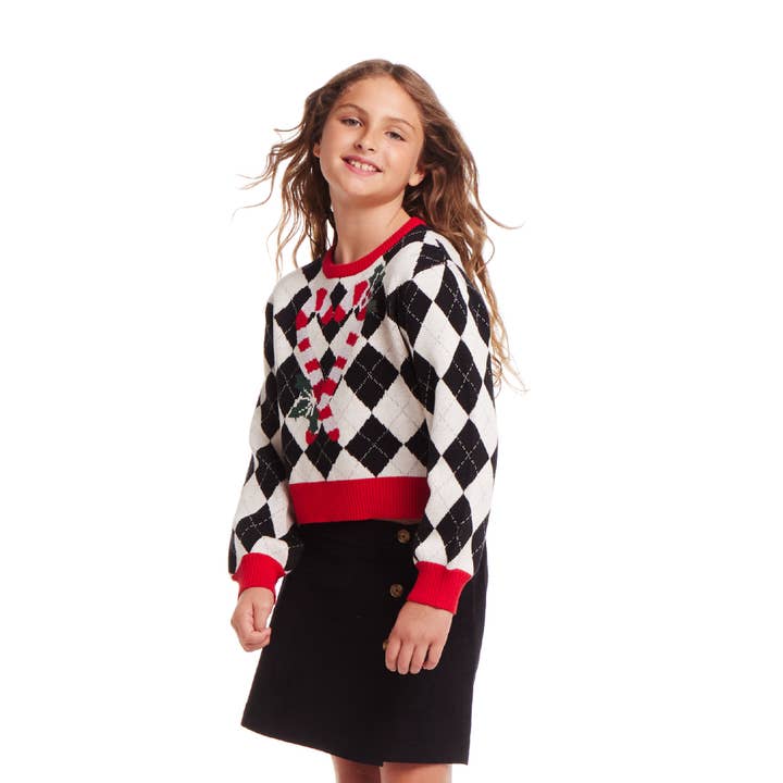 Kids White Argyle Sweater | Candy Canes Holiday Christmas for wholesale on Faire