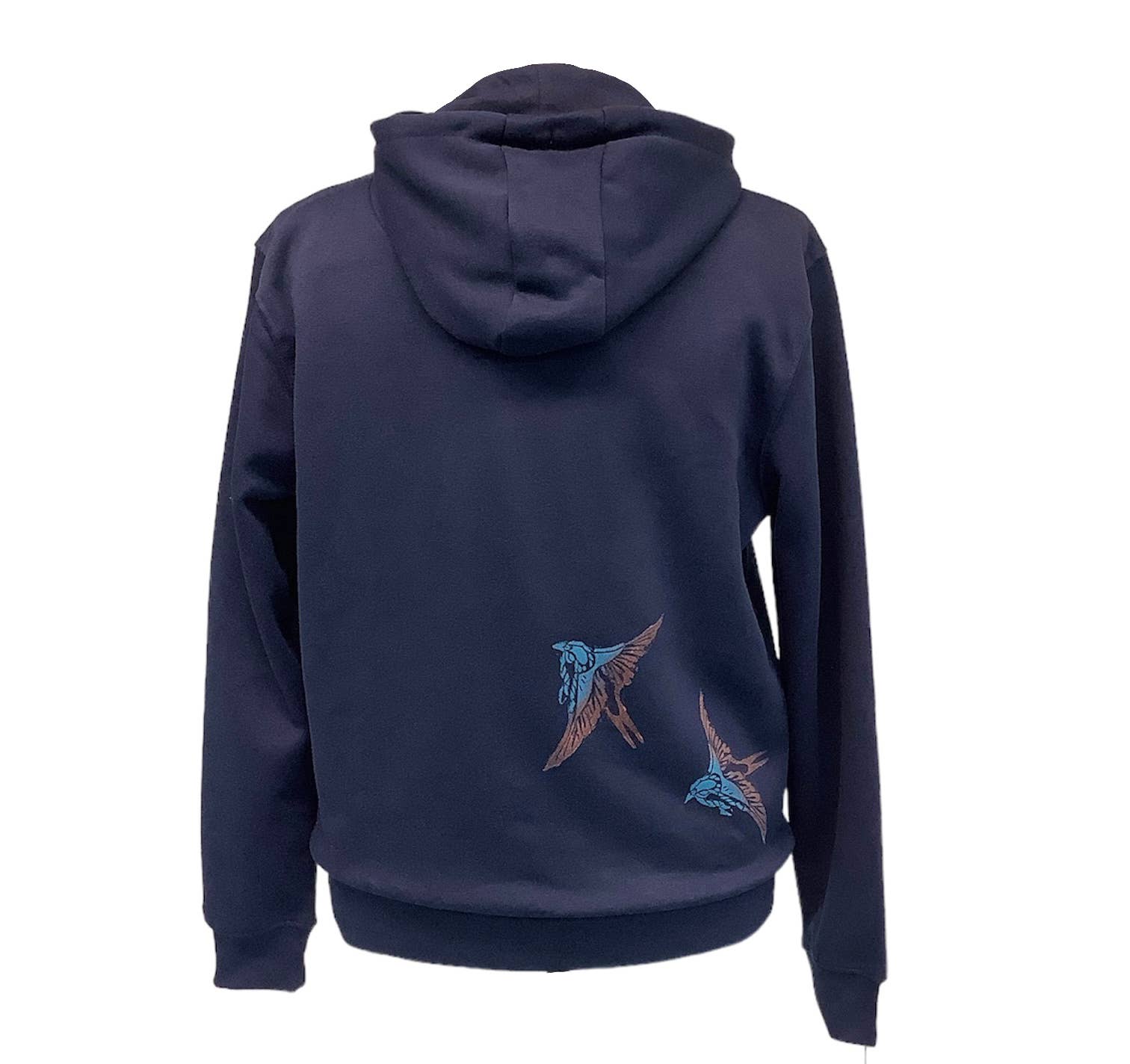Impromptu Musé - Wholesale Hoodie - Unisex - Navy Swallows Handprinted Graphic Art Hoodie2