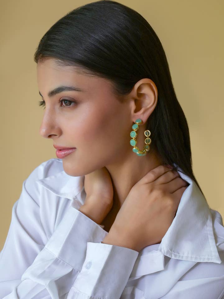 Gold-Plated Hoop Earrings with Handcut Gemstone Detail for wholesale by Avani Del Amour