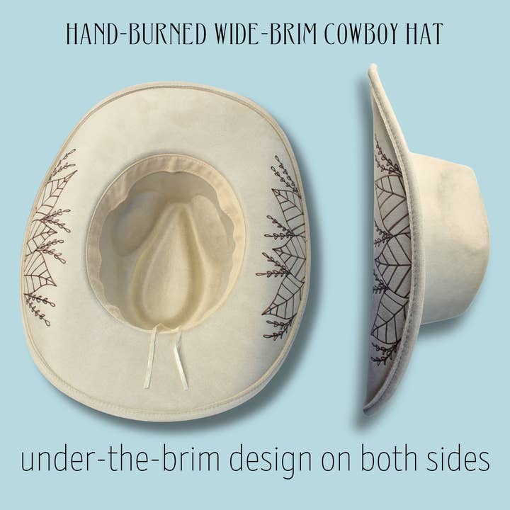 Botanica Wide Brim Cowboy Hat – Hand-Burned Underside Botanical Design for wholesale by Wildflowers and Barley