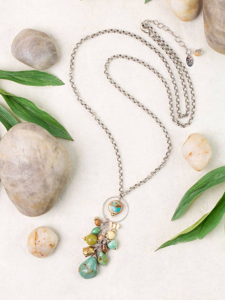 Remedy 30-32" Jade, Turquoise, Jasper Cluster Necklace for wholesale by Anne Vaughan Designs Jewelry