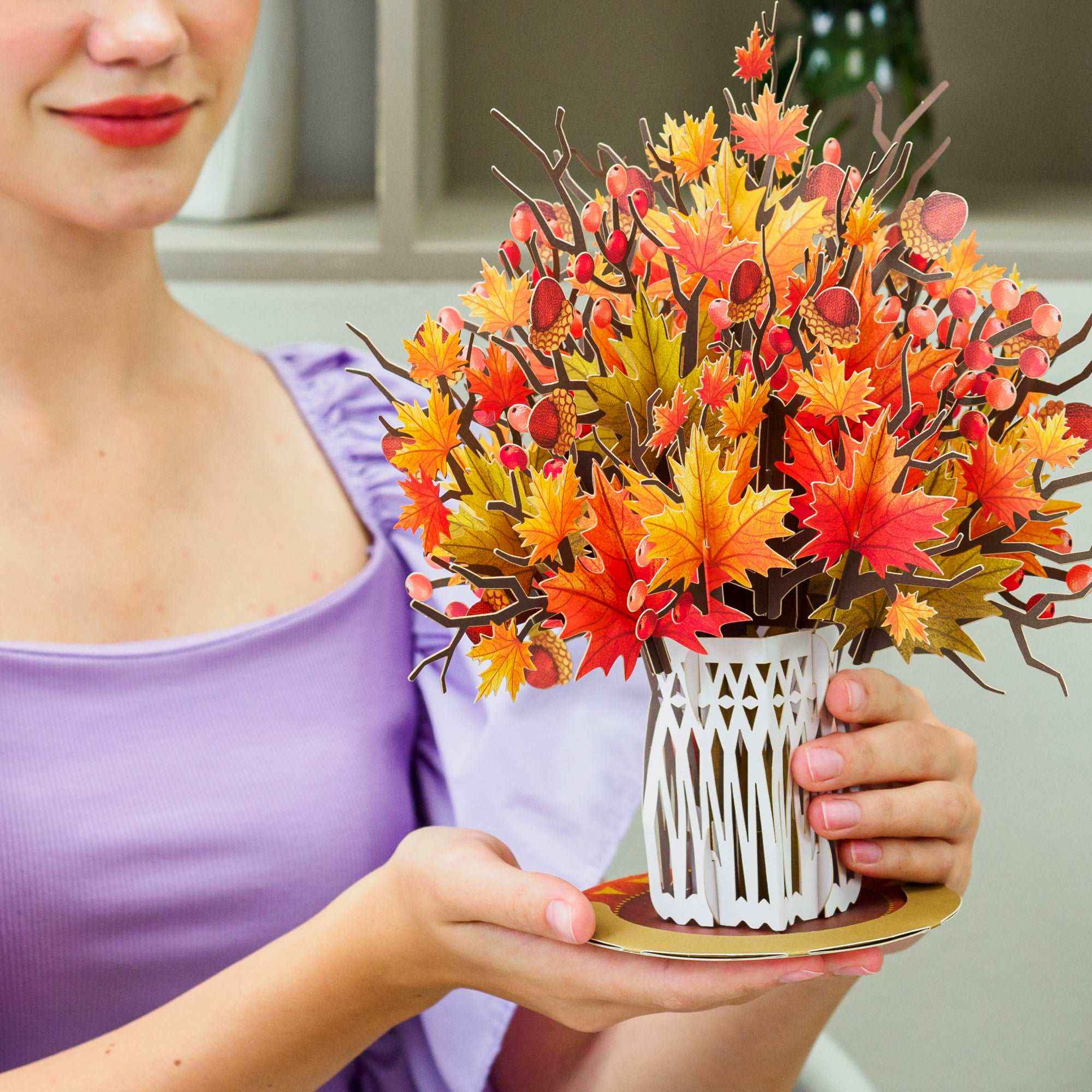 Paper Love – Engroshandel Hverdagshilsen kort – HugePop Pop Up Ahornblad med Aftagelig Buket1