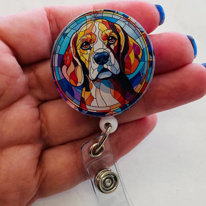Porta Badge Beagle – Vetro Finto Colorato, ID Retrattile per la vendita all'ingrosso da parte di Spellbound Rose Creations