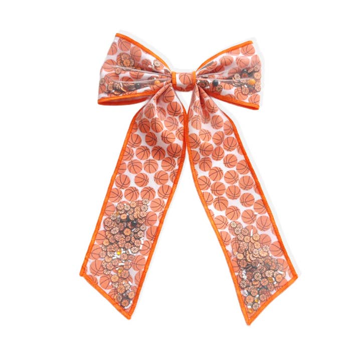Nœud à cheveux avec motif de basket-ball et longue queue avec pince pour la vente par Pretty in Pink Bows