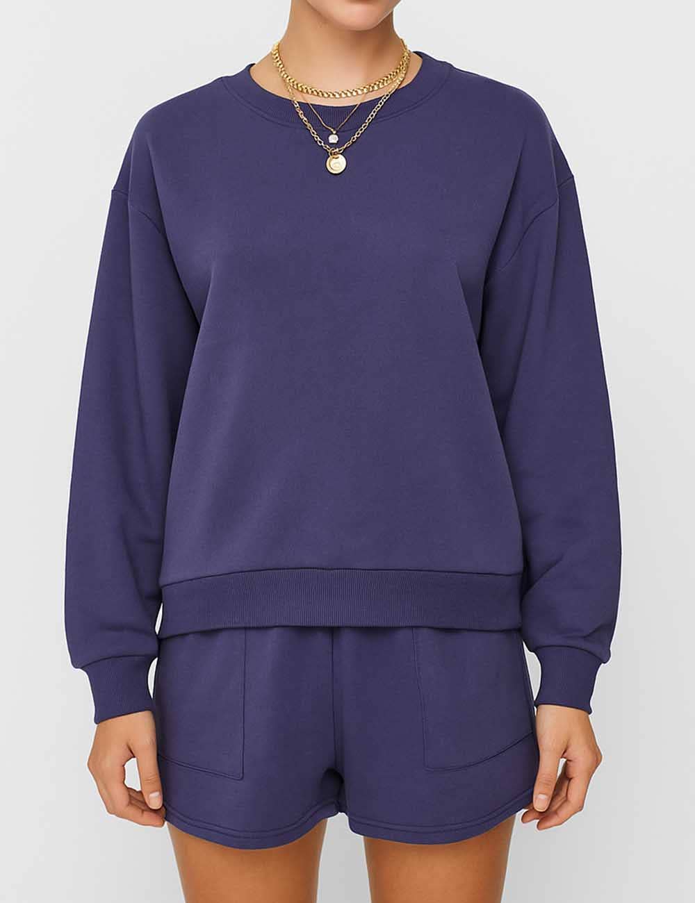 Sweetkama - Wholesale Lounge Set - Women's - Ladies Solid Color Long Sleeves Sweatshirt & Shorts Set23