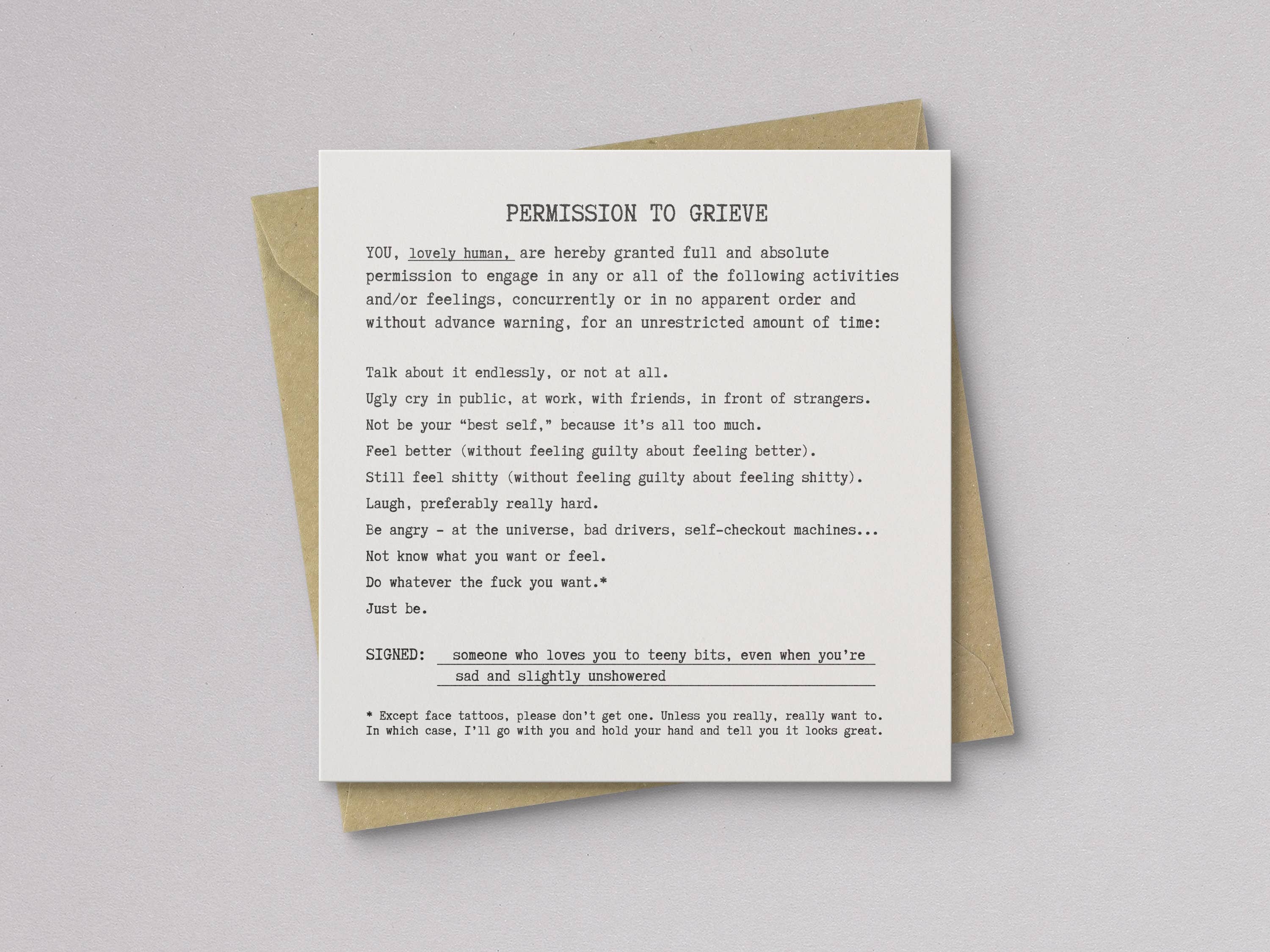 Kwohtations - Wholesale Sympathy Card - Permission to Grieve Letterpress Sympathy Card1