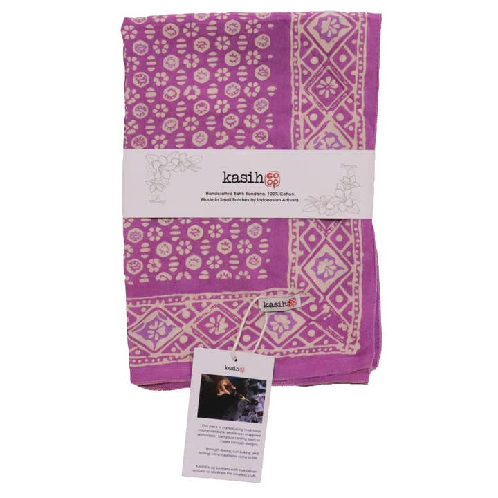 Kasih Co-op - Vente Bandana – femme - Bandana batik teint à la main, 100 % coton doux, motif floraison intemporelle, violet lilas lavande rose6
