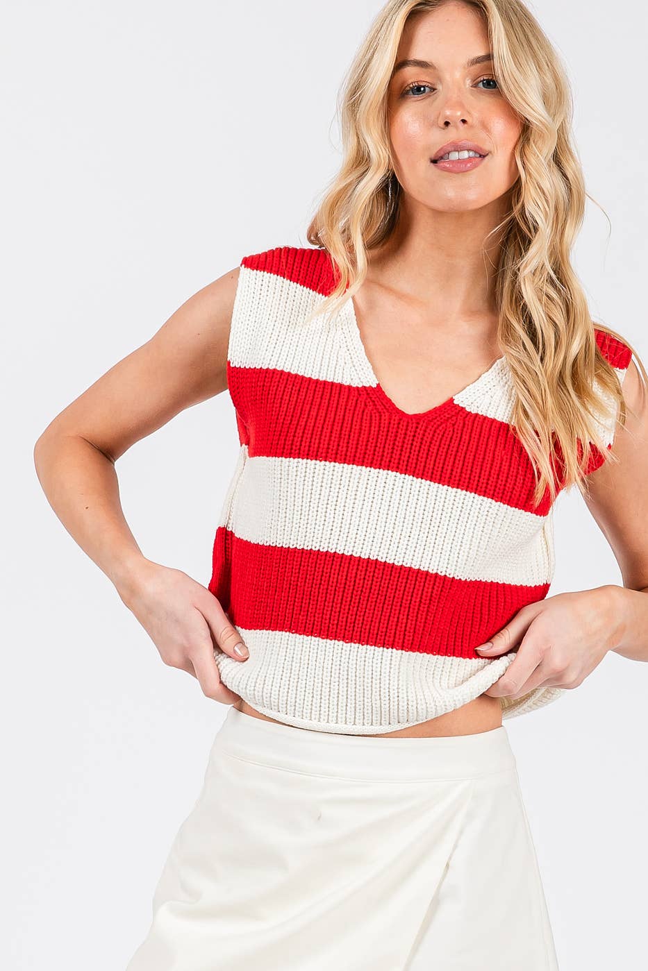 mittoshop - Wholesale Sweater Vest - Women's - STRIPED V-NECK CROPPED SWEATER VEST TOP16