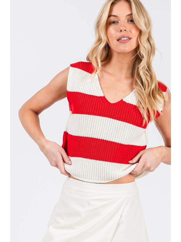 mittoshop - Wholesale Sweater Vest - Women's - STRIPED V-NECK CROPPED SWEATER VEST TOP16