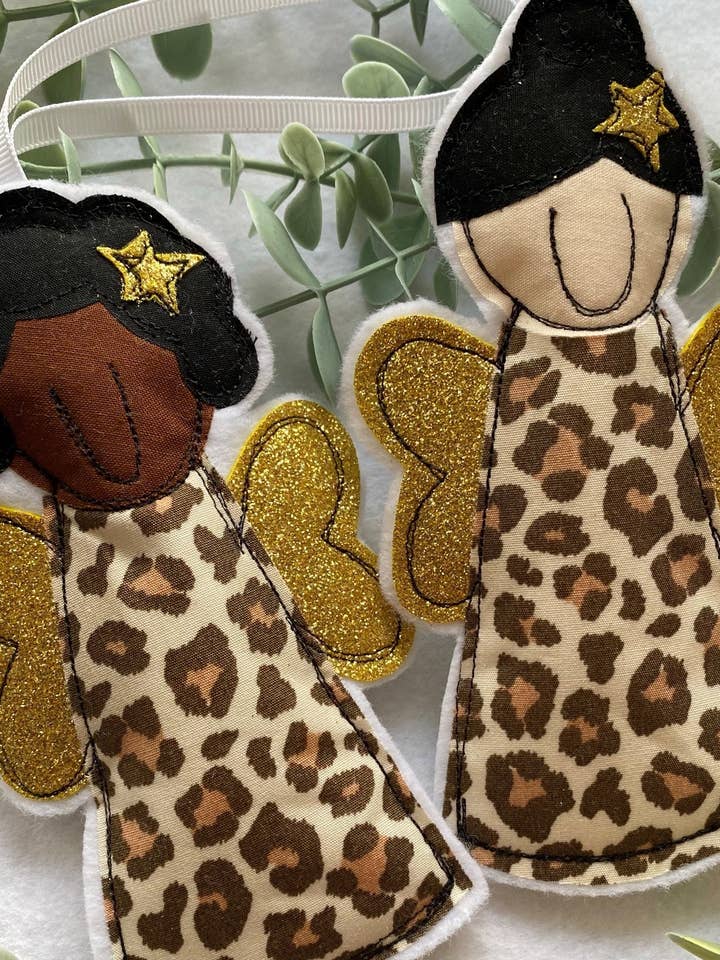 Leopard print christmas fairy decoration for wholesale by Girl Friday Embroidery