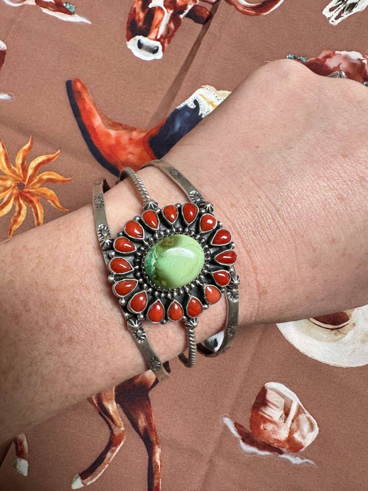 Handmade Sonoran Turquoise, Coral & Sterling Silver Cuff Bracelet Signed Nizhoni STYLE 4 for wholesale by Nizhonitradersllc
