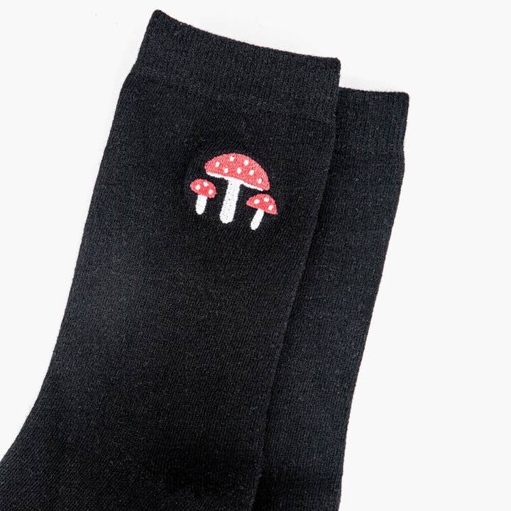 Women's Embroidered Ankle Socks- Black, Toadstools for wholesale by Sock Talk
