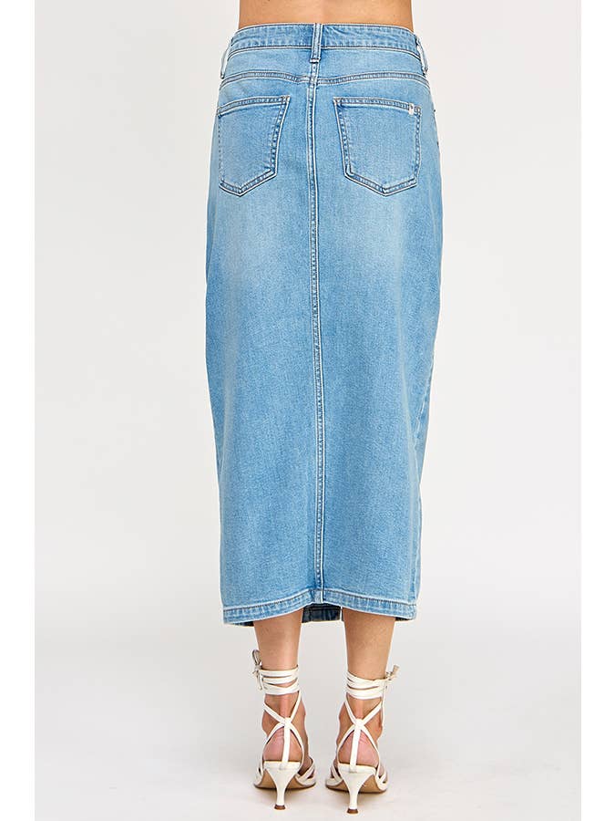 ♡20% OFF♡ BUTTON-DOWN COMFORT MAXI SKIRT IN MEDIUM LIGHT for wholesale on Faire