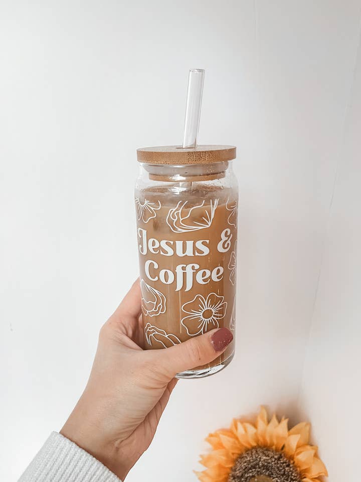 Llata de vidro Jesus e Café de 20 oz por atacado de HH and Grace Co