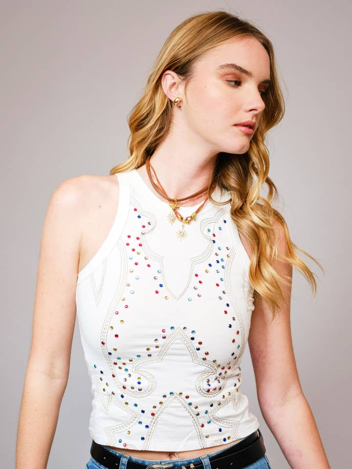 23531T - Broderad Beströdd Crop Top i Bomullsjersey för wholesale av Blue B