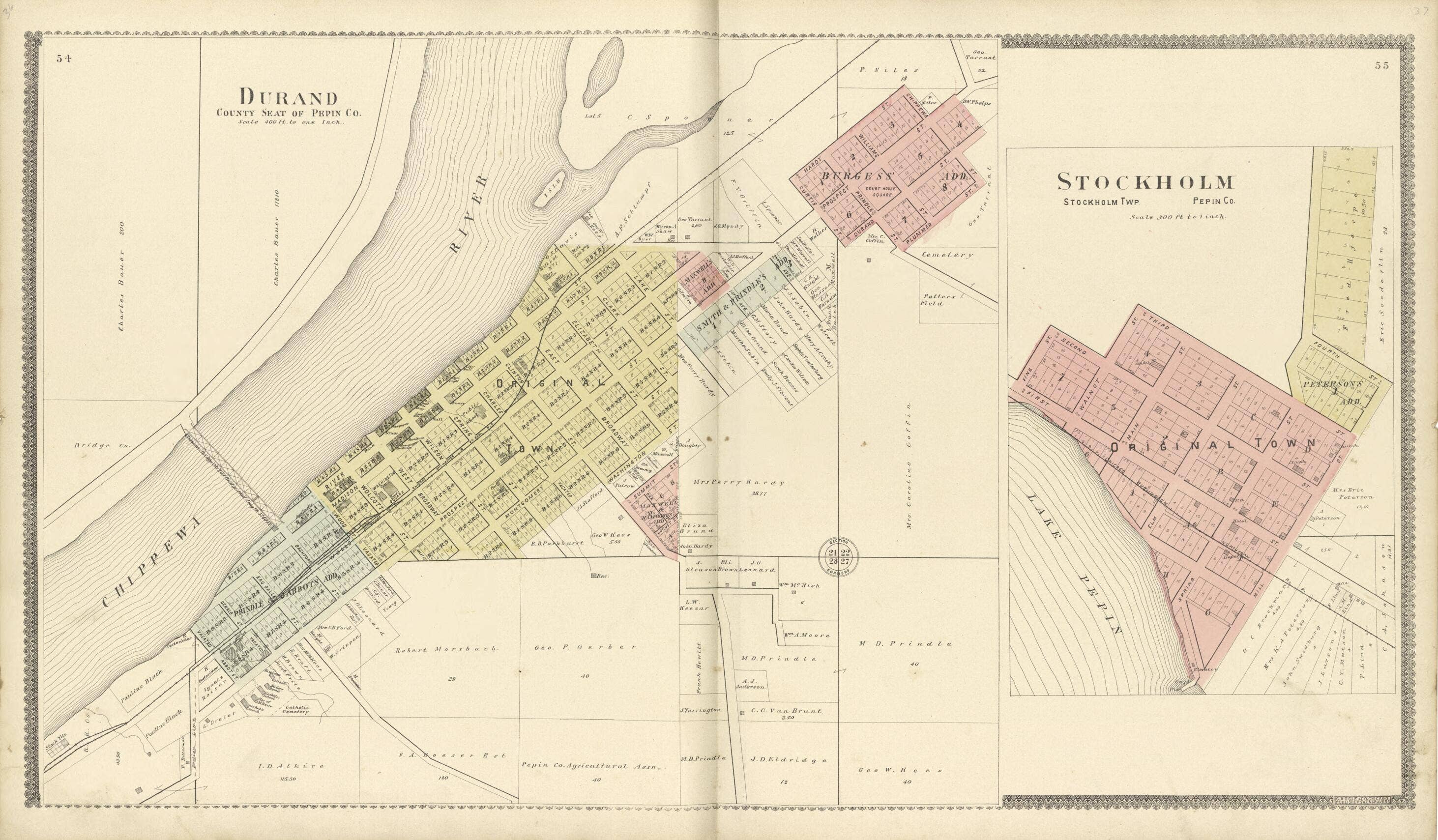 Relic Map Co. – Engroshandel Kort – Durand Amtsæde for Pepin Co. og Stockholm Twp. fra Standard Atlas of Buffalo og Pepin Counties, Wisconsin 18960