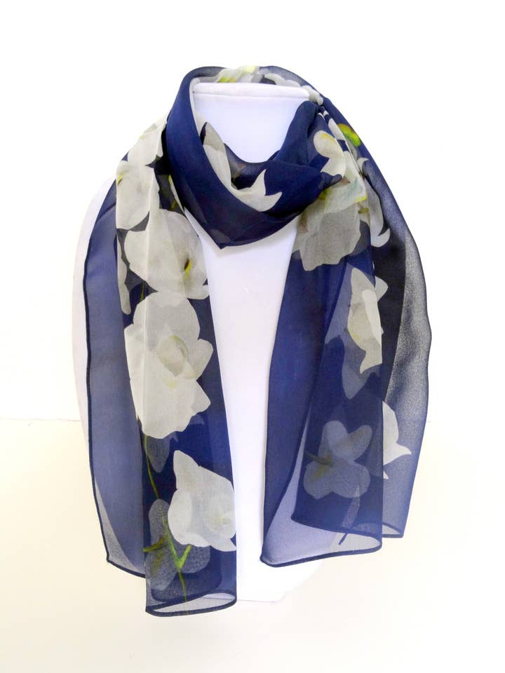 Blue Silk Scarf - Floral Silk Scarf - Tropical Sheer Scarf for wholesale by Silk Squirrel