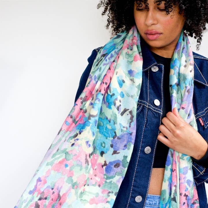 Floral Fantasy Blues Wool Scarf for wholesale by COLLIER CAMPBELL