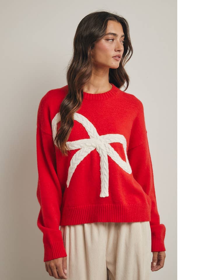 CABLE KNIT BOW SWEATER / WL25-12101 for wholesale by Wishlist Apparel