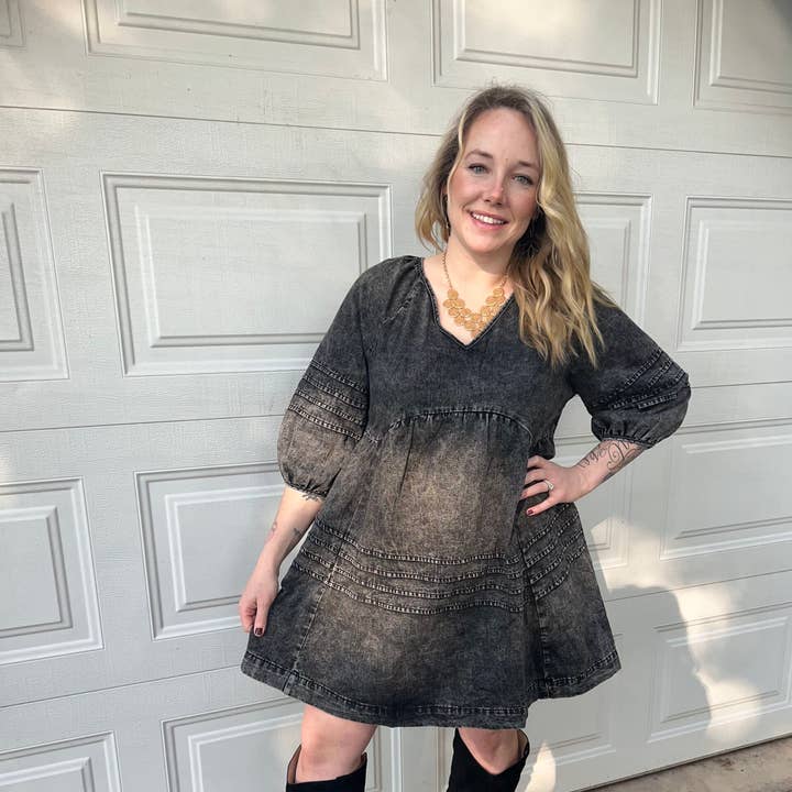 Black V Neck Puff Sleeve Denim Babydoll Dress for wholesale by Anita Marie Apparel