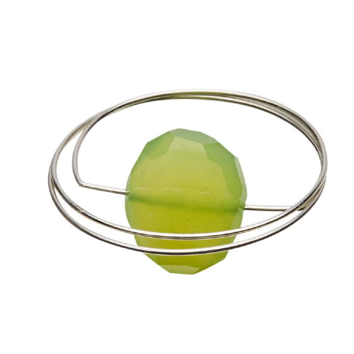 Circle Atomic Saturn Ring with Chartreuse Green Chalcedony for wholesale by Melissa McArthur - Jewellery Made in London