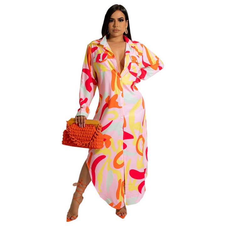 pinkblu02 - Wholesale Dress - Women's - Women Fashion Vacation Boho Style Graphic Long Sleeve Maxi Shirt Dress