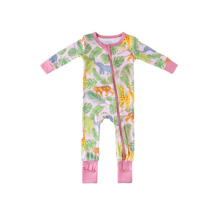 Dreamland Baby - Vente Grenouillère – bébé - Pyjama en bambou pour bébé avec DreamCuffs® - Safari rose2