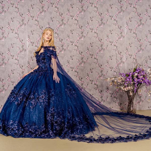 Tux-USA® - Vente Robe de soirée – femme - Robe de Quinceañera en maille avec application florale 3D pailletée et cape longue en tulle10