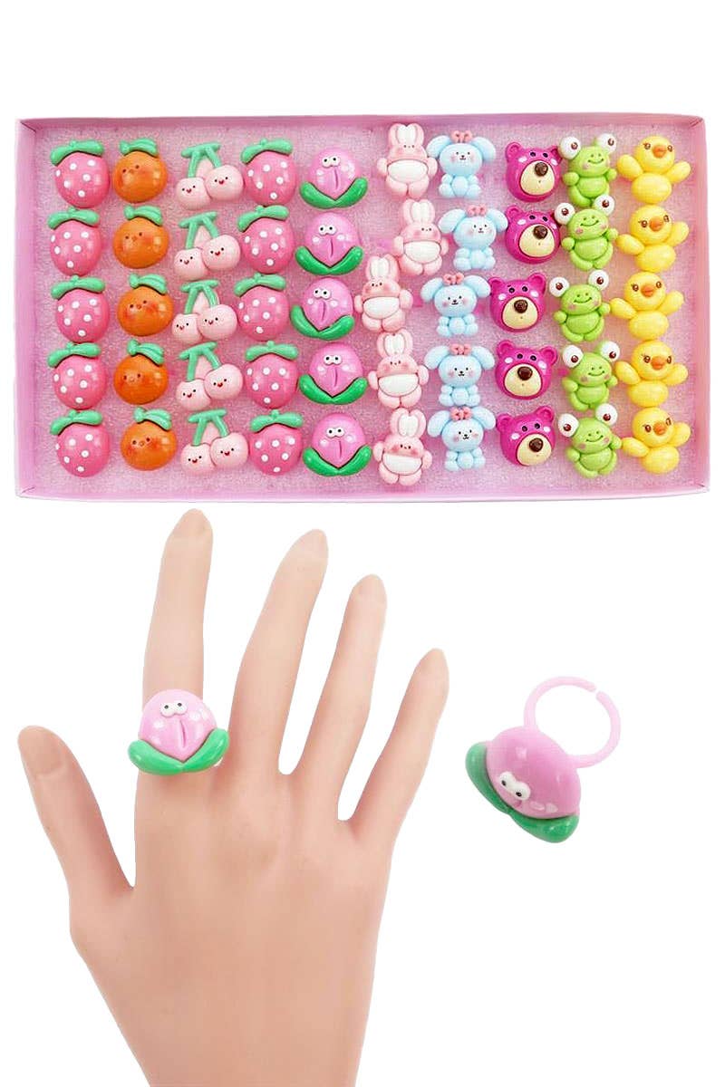 Cap Zone - Wholesale Jewelry Set - Kids Cute Fruity Animal Pals 3D Resin Ring 50 pcs