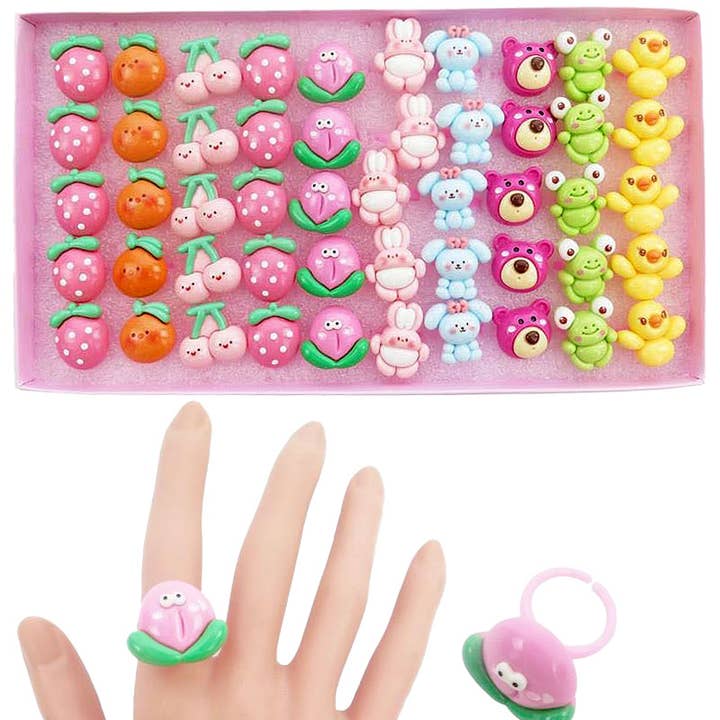 Cap Zone - Wholesale Jewelry Set - Kids Cute Fruity Animal Pals 3D Resin Ring 50 pcs0